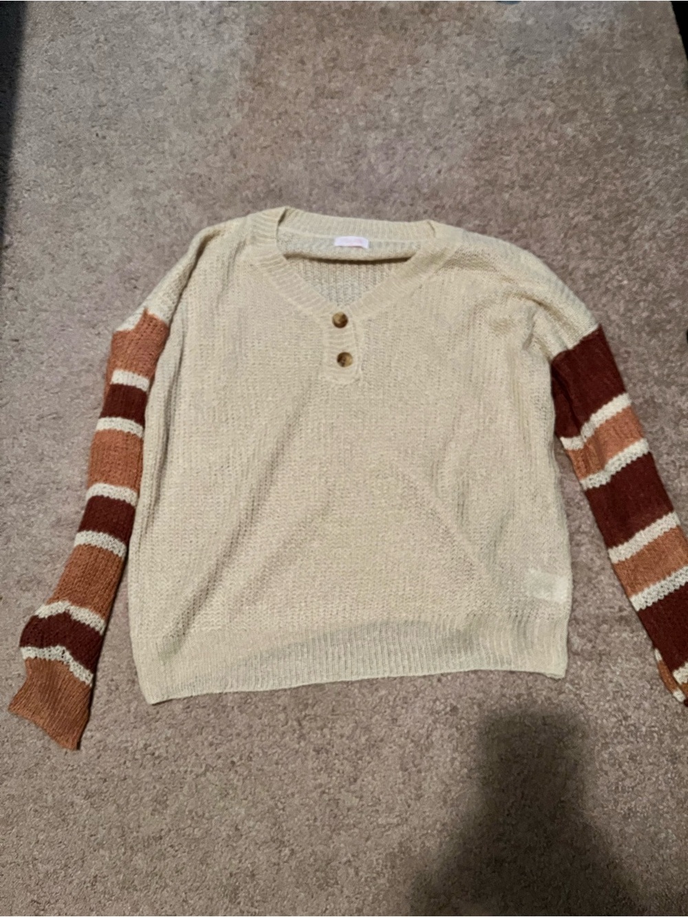 Pink Lily Cream Crew Sweater with Brown & Tan Striped Sleeves